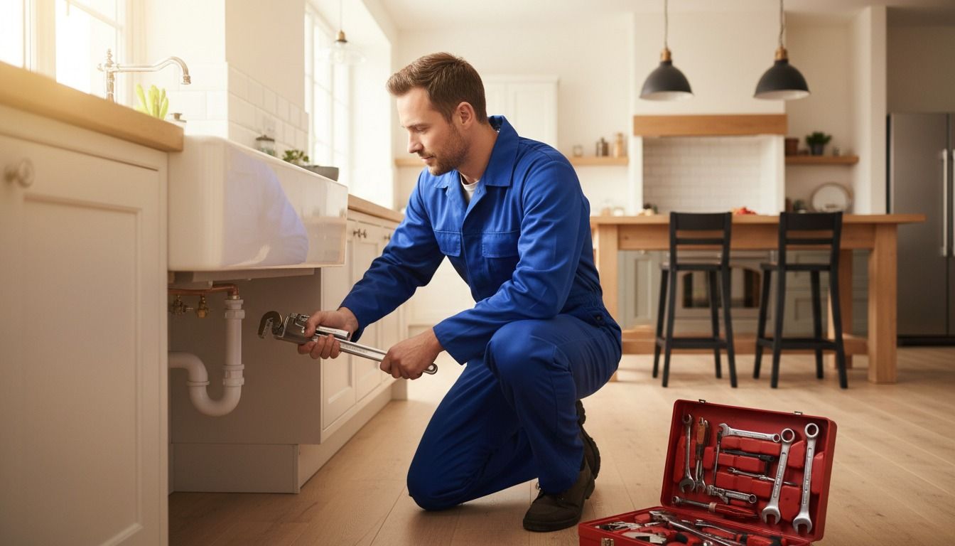 Plombier professionnel intervenant sous un évier de cuisine